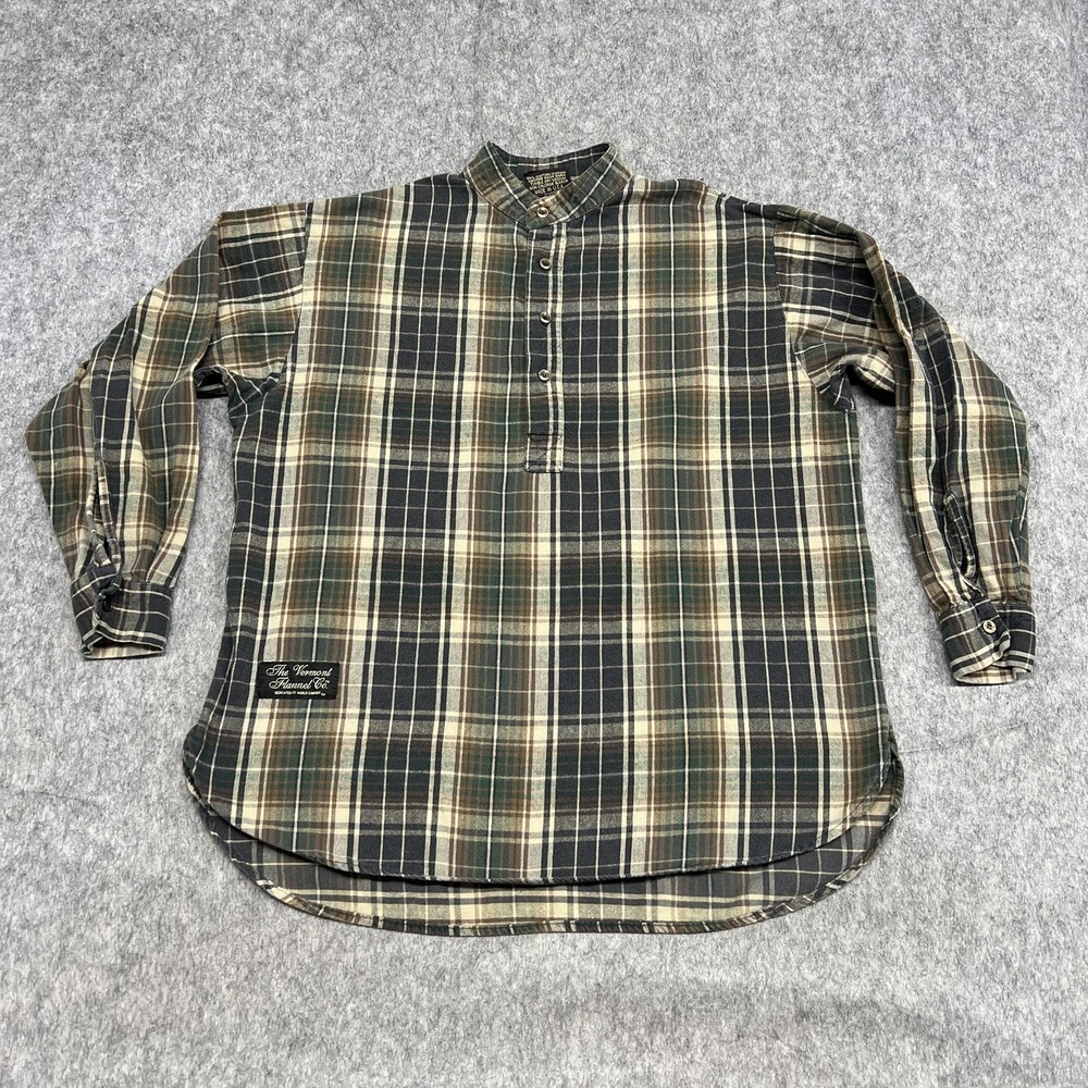 The Vermont Flannel Co Shirt Mens Medium Green Plaid Henley Long Sleeve Made USA